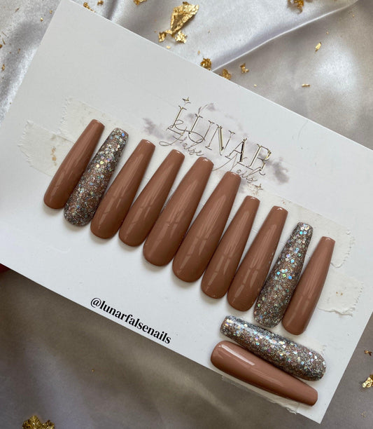 XXL Pinched Coffin Brown Glitter False Nails - Lunar False Nails
