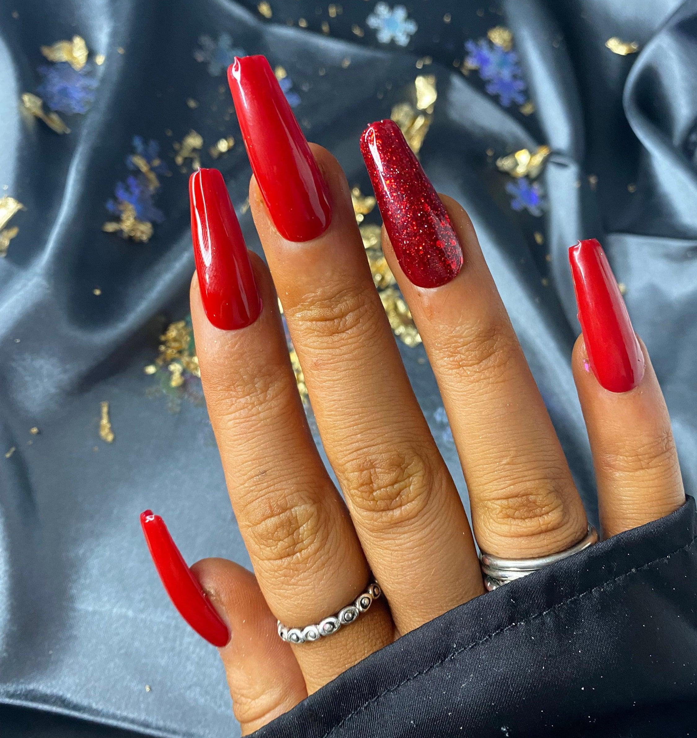 Ruby Red Glitter Accent False Nails - Lunar False Nails
