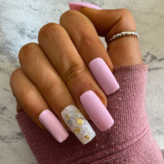 Flamingo Pink with Gold Leaf False Nails - Lunar False Nails