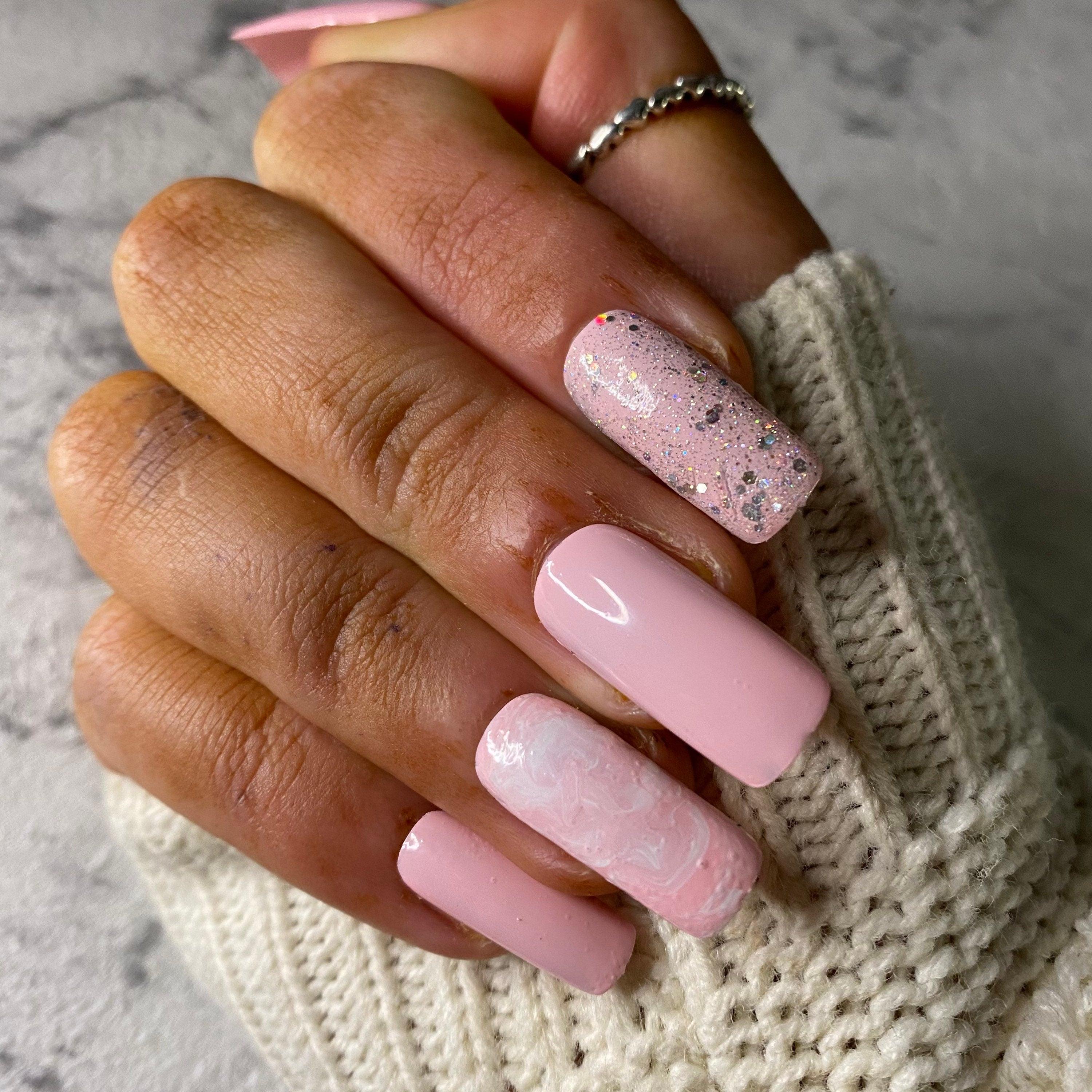 Baby Pink Glitter Marble False Nails - Lunar False Nails