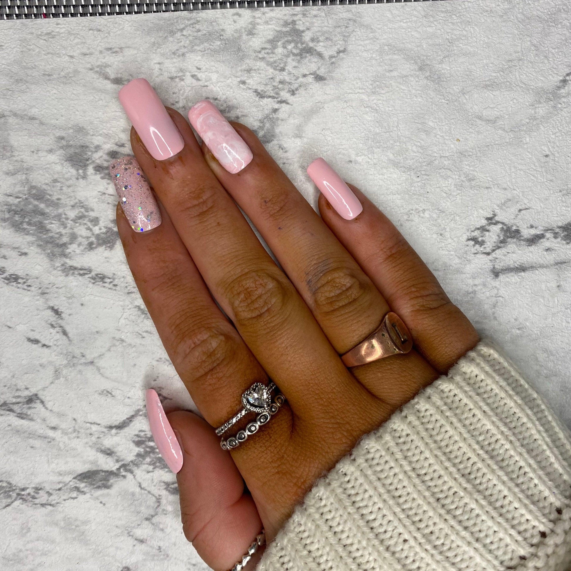 Baby Pink Glitter Marble False Nails - Lunar False Nails