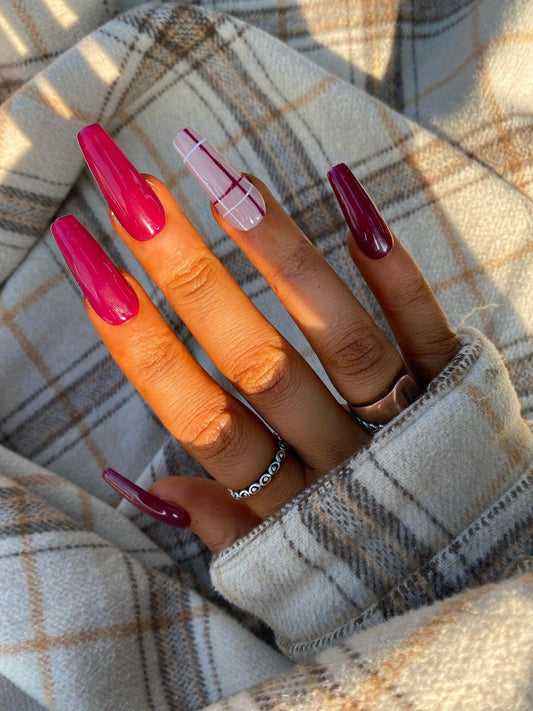 Cherry Red Tartan False Nails - Lunar False Nails