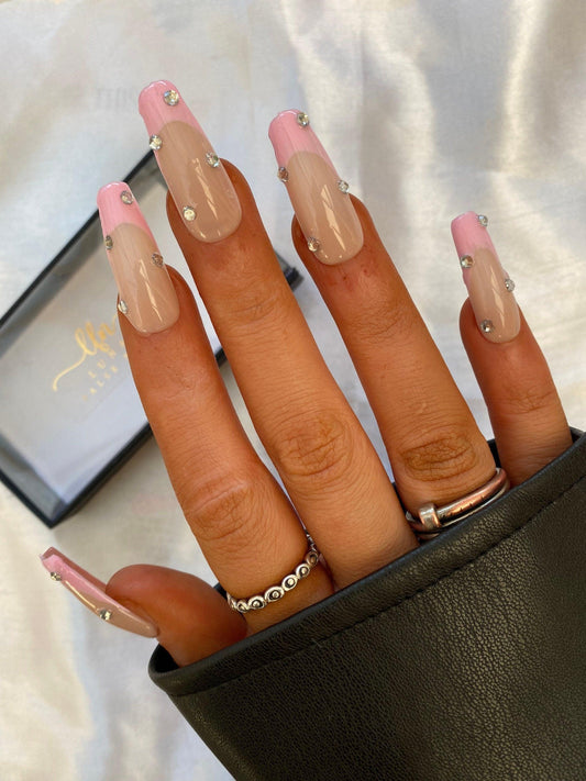 Flamingo Pink French Tip Rhinestone False Nails - Lunar False Nails