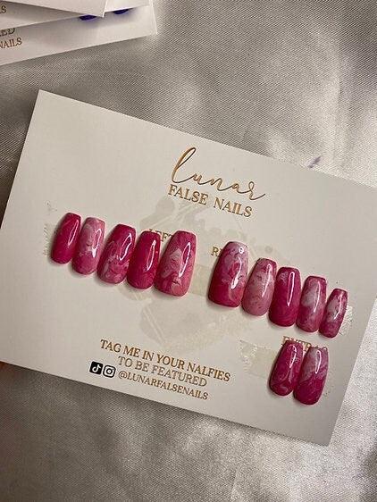 Dark Pink Marble False Nails - Lunar False Nails